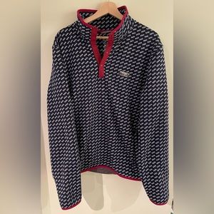 LL Bean Men’s Fleece Sweater Quarter Button Navy White Red NWOT Snap Placket